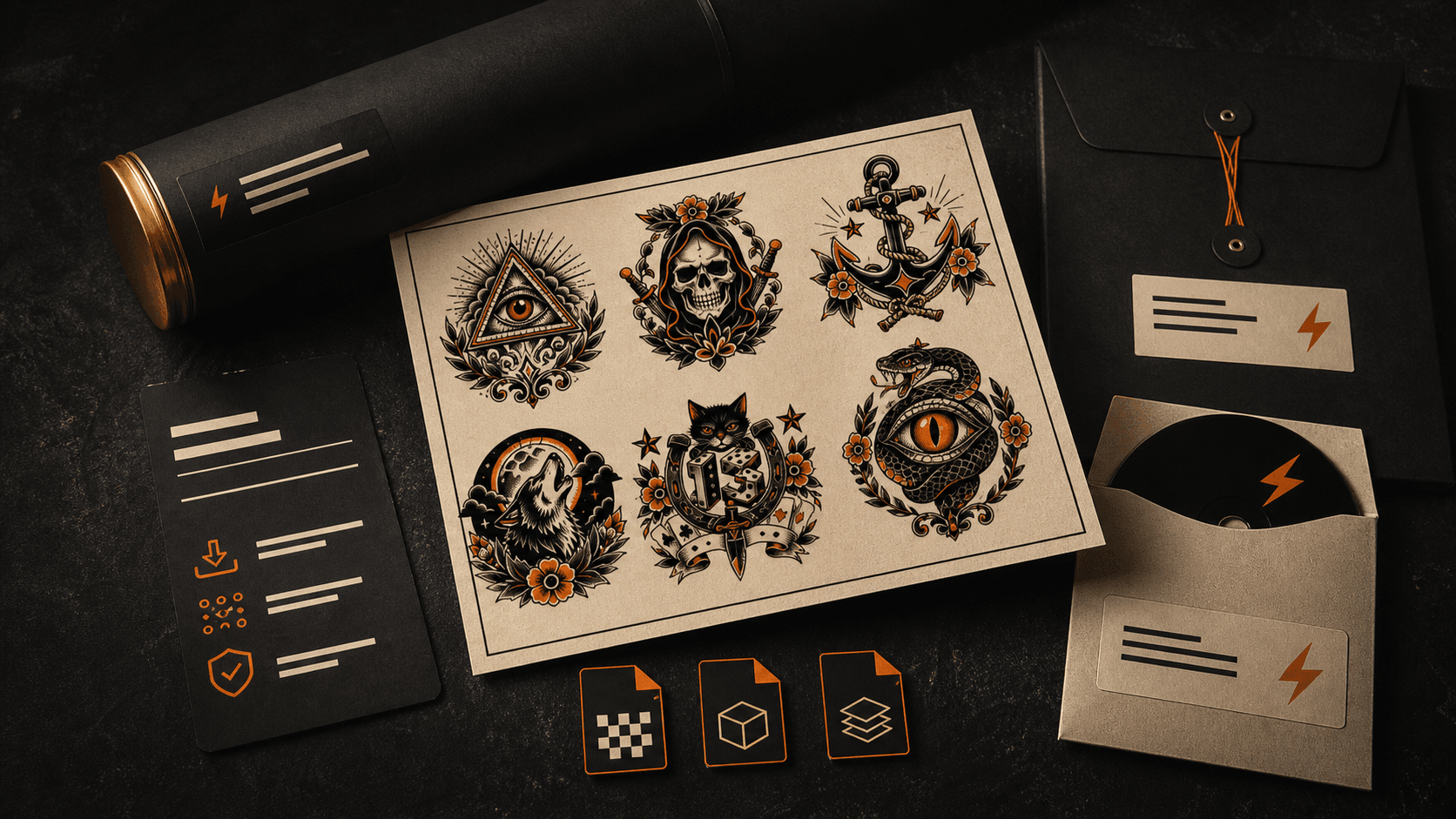 Tattoo flash sheet packaged as a digital product with rights, delivery, and file cues