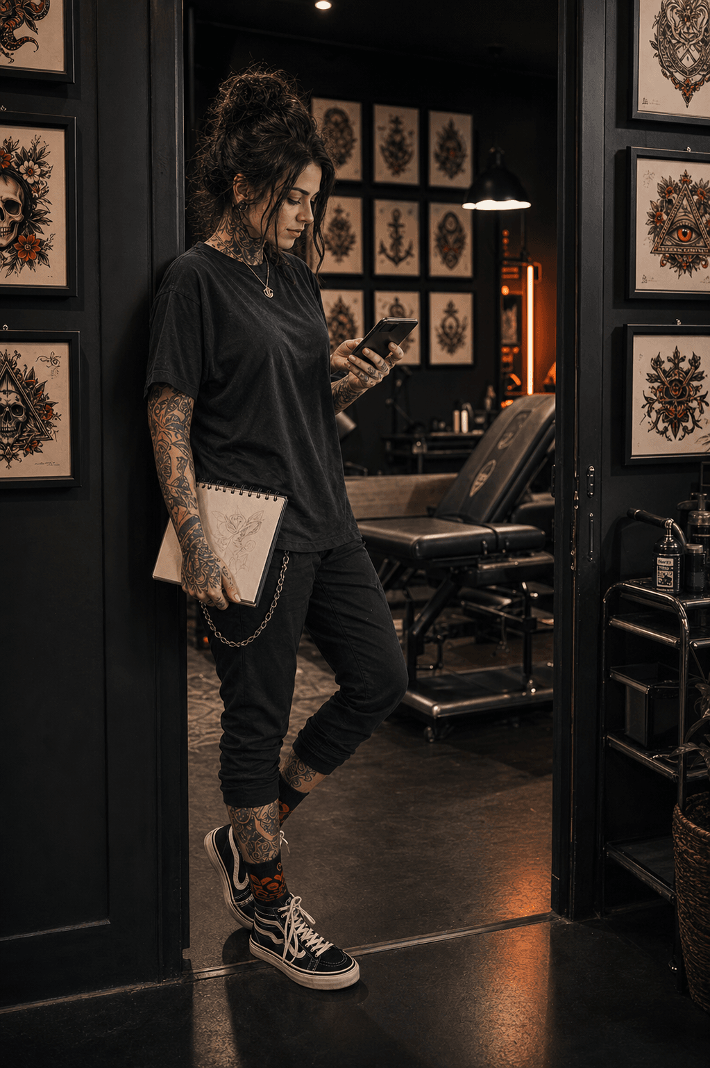 Full body tattoo artist checking a phone between appointments in a private studio.