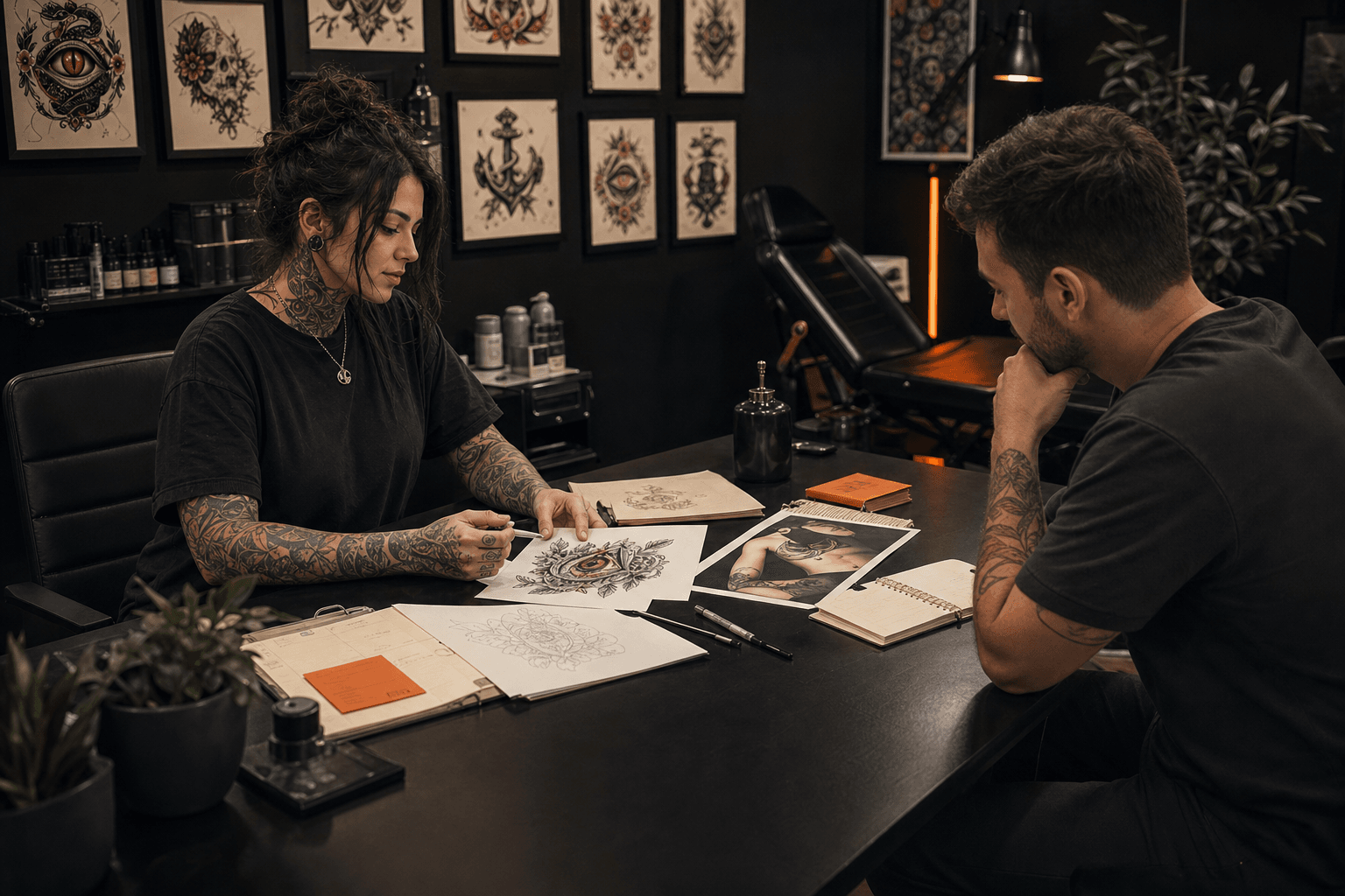 Tattoo artist and client reviewing reference art during a studio consultation.