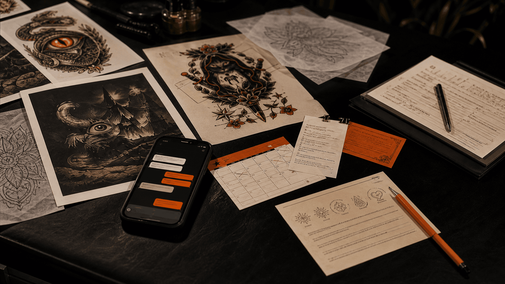 Tattoo project workflow on a studio table with references, calendar notes, consent forms, and deposit materials.