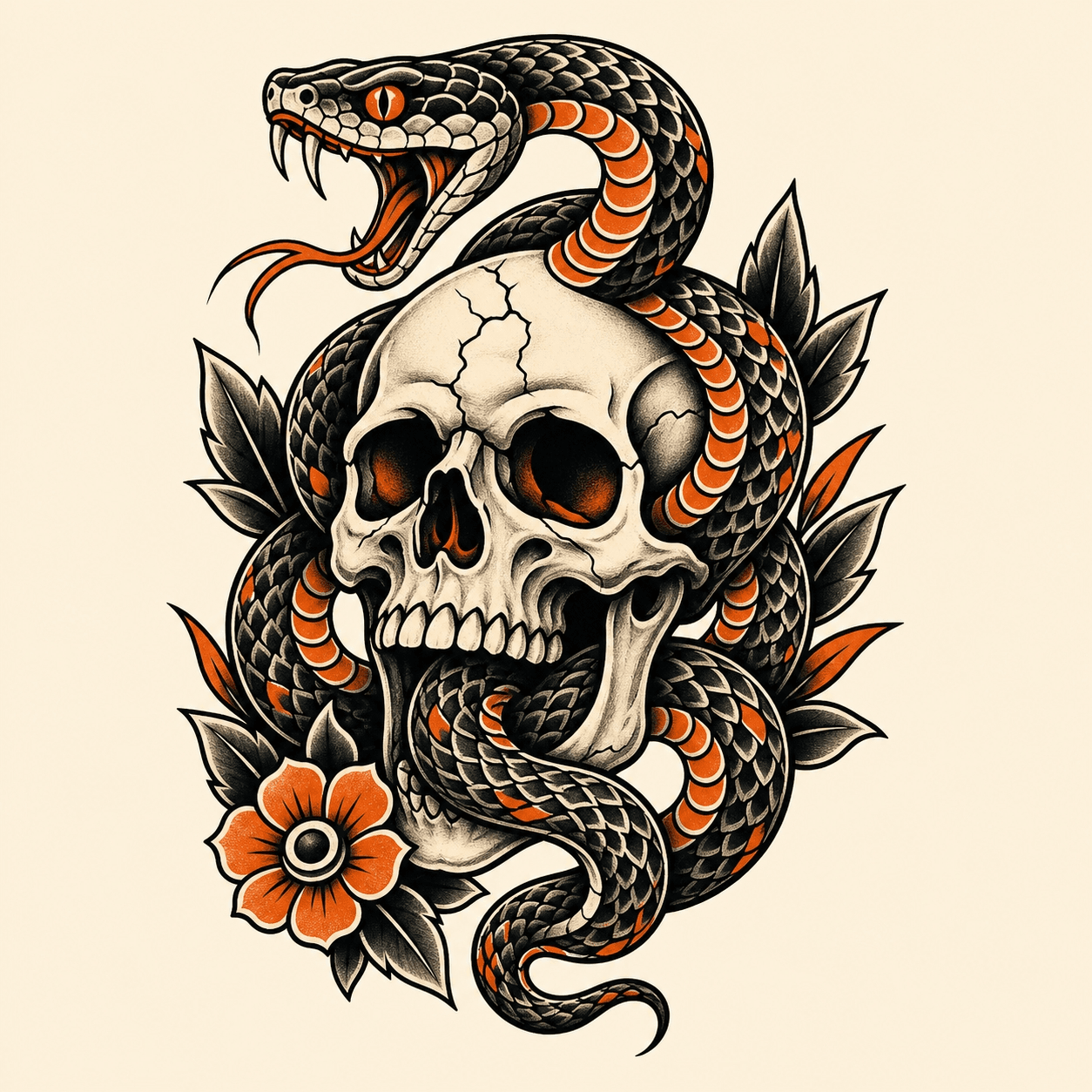 Snake and skull tattoo flash artwork