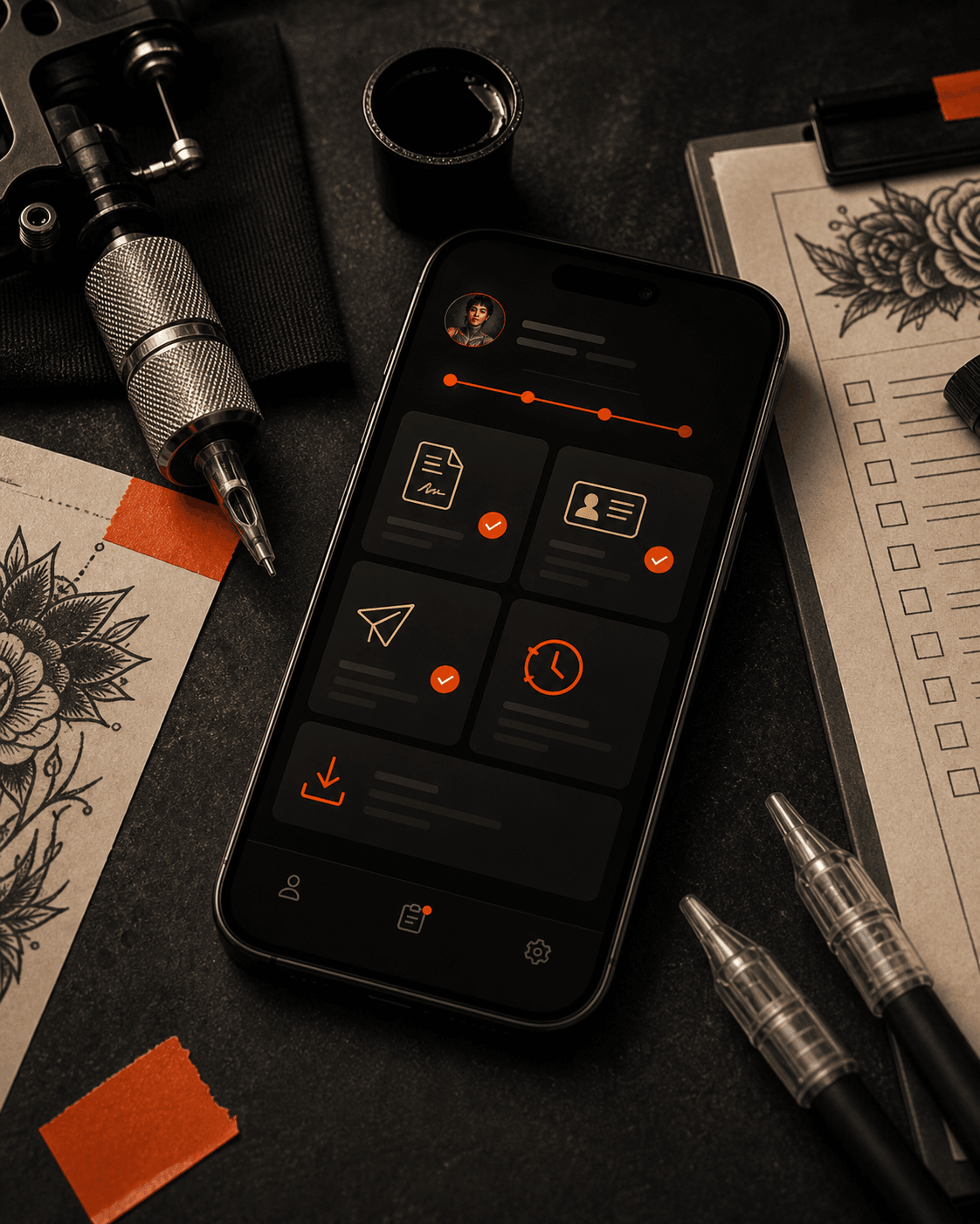 Future direction concept image showing a dark mobile record dashboard with consent, ID, aftercare, and client history cards.
