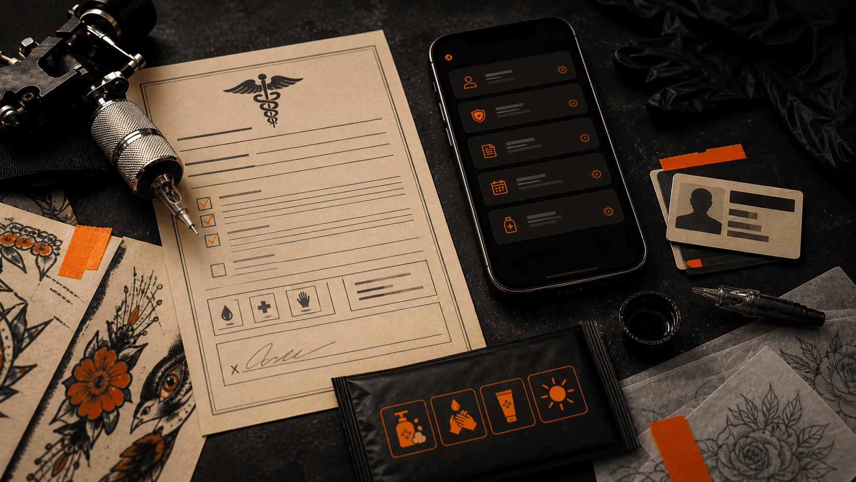 Tattoo consent form, phone record screen, ID card silhouette, and aftercare packet on a black studio table.
