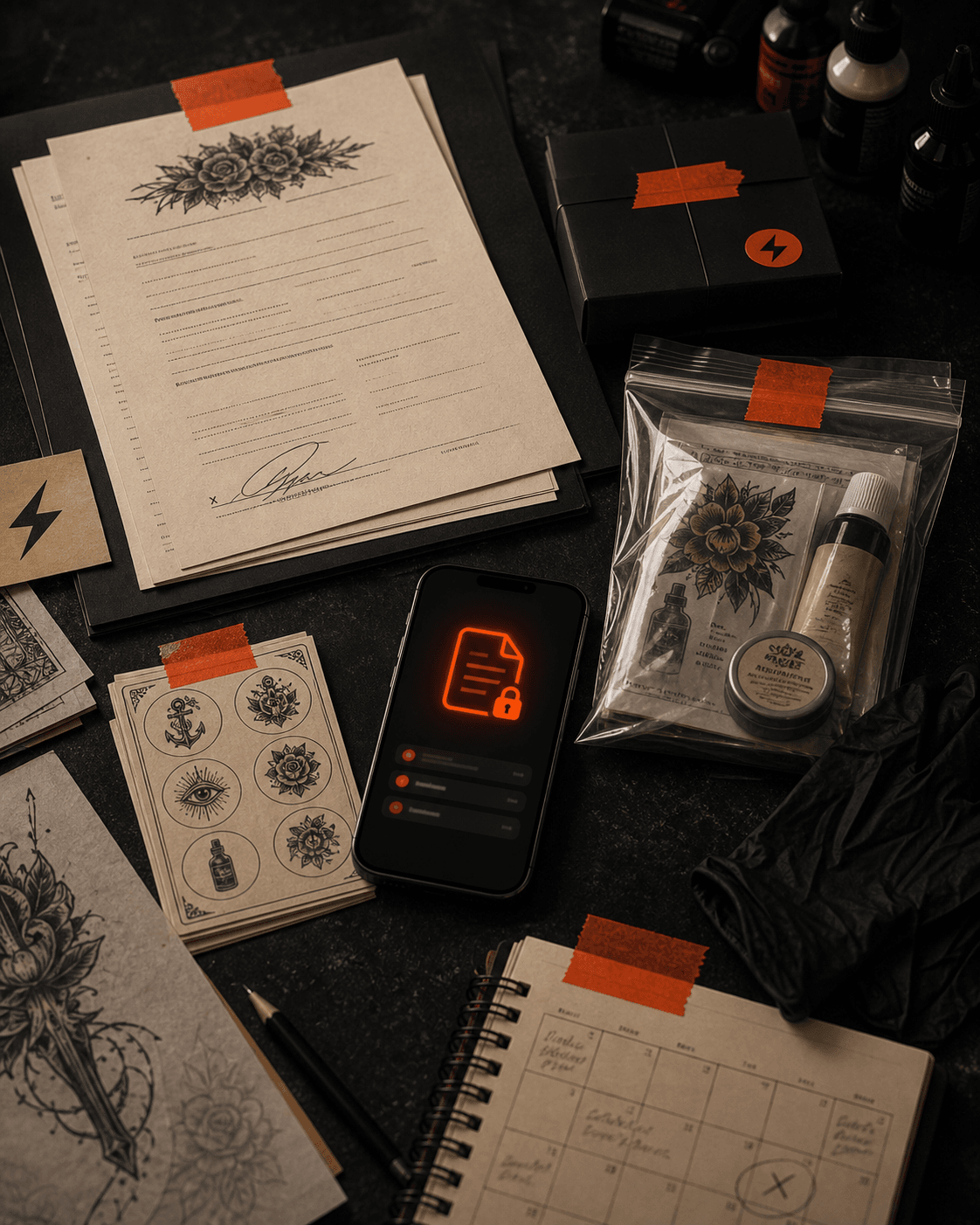Tattoo consent form, aftercare packet, client ID card silhouette, phone record list, and tattoo tools on a black table.