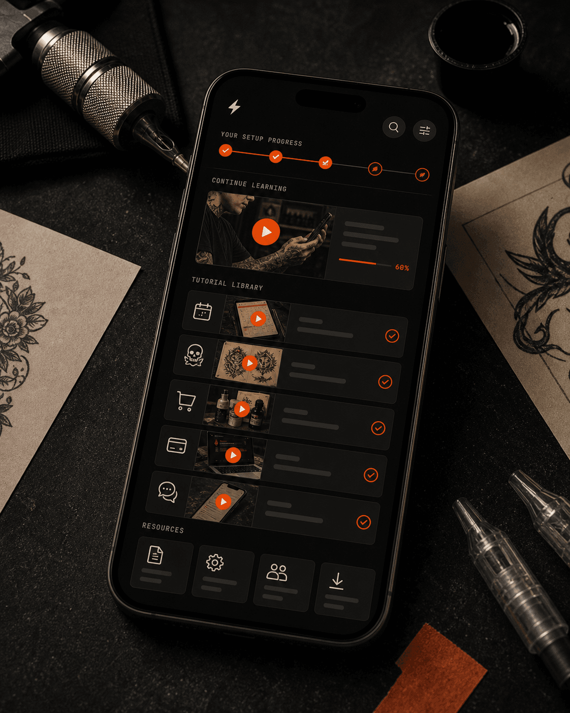 Future direction concept showing a Bzzz.ink style mobile tutorial library with setup progress, video cards, product modules, and orange play buttons.