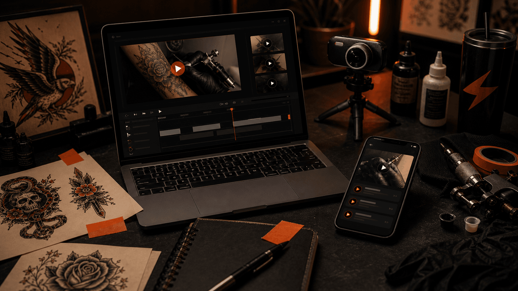 Laptop and phone recording a Bzzz.ink style tutorial video on a dark tattoo studio desk with orange controls and flash artwork nearby.