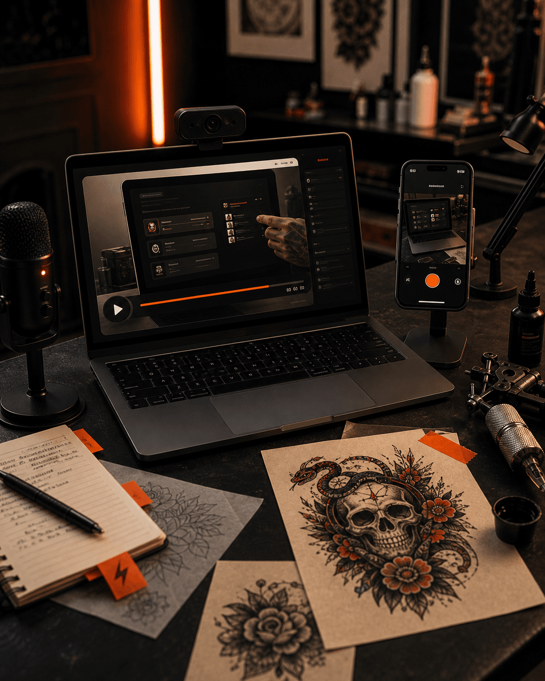 Laptop, phone, webcam, microphone, tattoo tools, flash sheets, and orange notes set up for recording a Bzzz.ink tutorial walkthrough.
