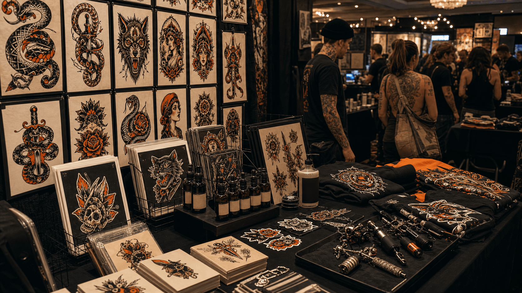 Tattoo convention booth with flash wall, prints, merch, aftercare products, and tattoo tools on display.