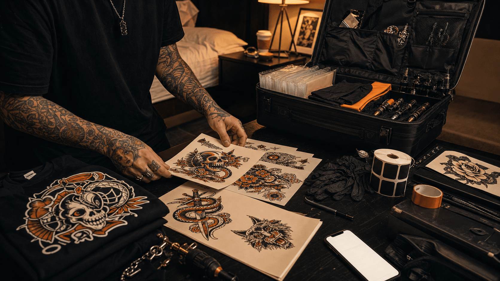 Tattoo artist packing flash sheets, merch, supplies, and travel gear before a convention weekend.