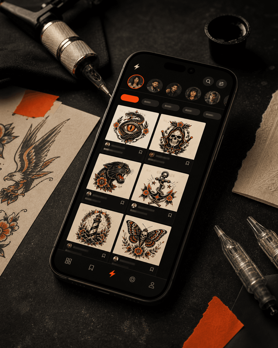 Future direction concept image showing a dark mobile flash marketplace grid with tattoo flash cards and orange accents.
