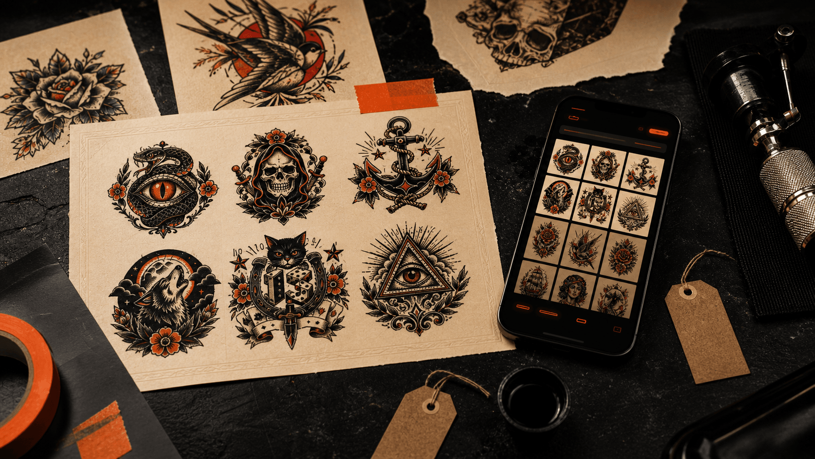 Tattoo flash sheets beside a phone showing an abstract flash marketplace grid on a black studio table.