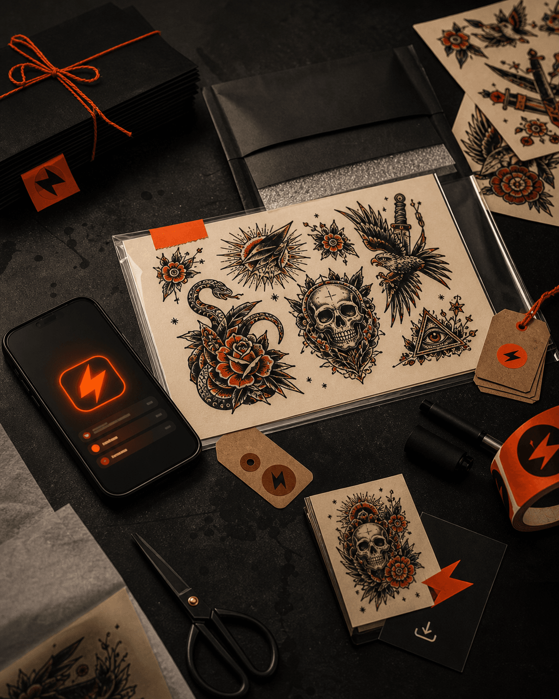 Tattoo flash sheet packaged as an art product beside a phone, download card, tags, and orange tape on a black studio table.