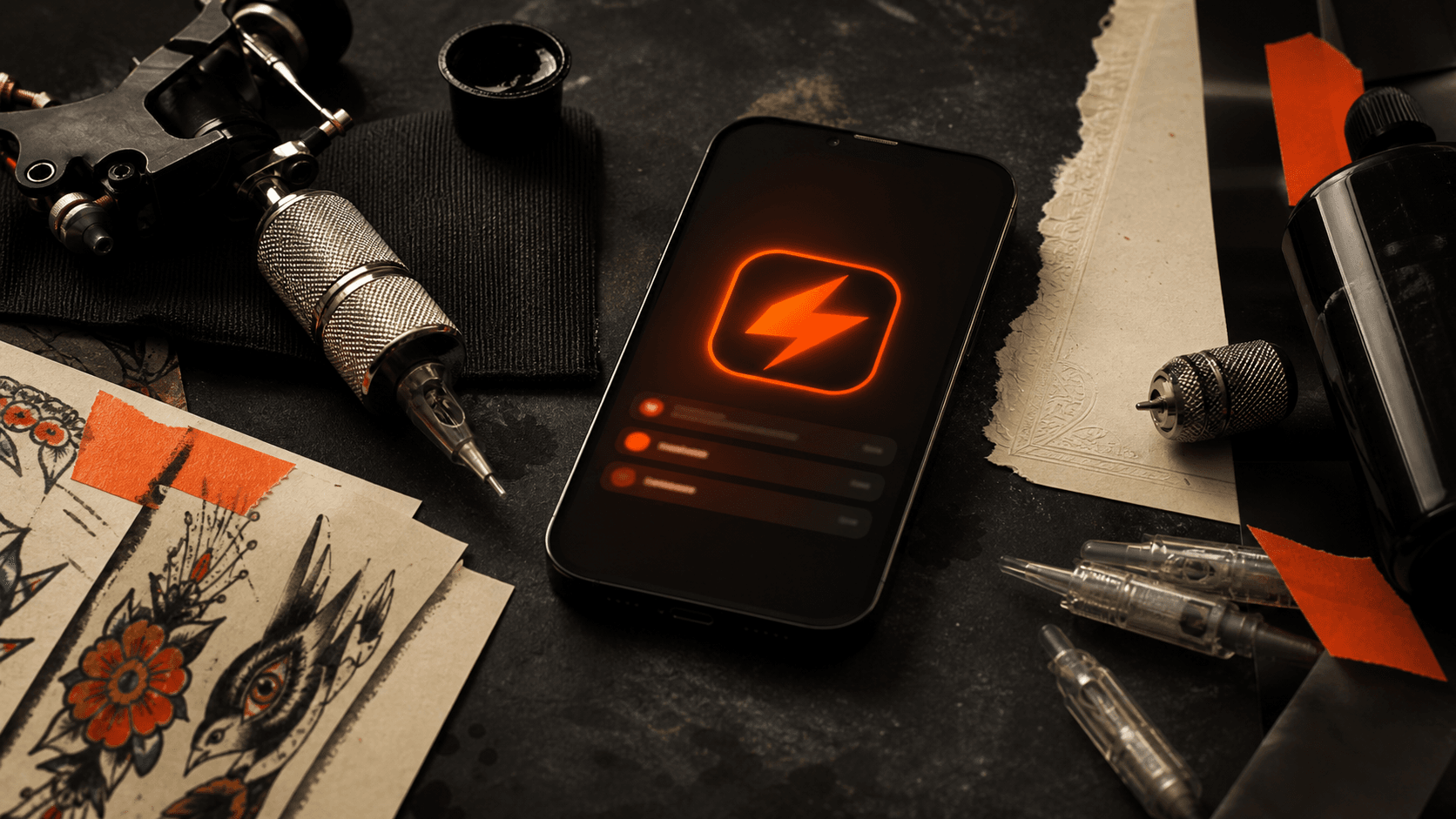 Phone on a tattoo studio counter with orange app style glow beside tattoo tools and flash paper.