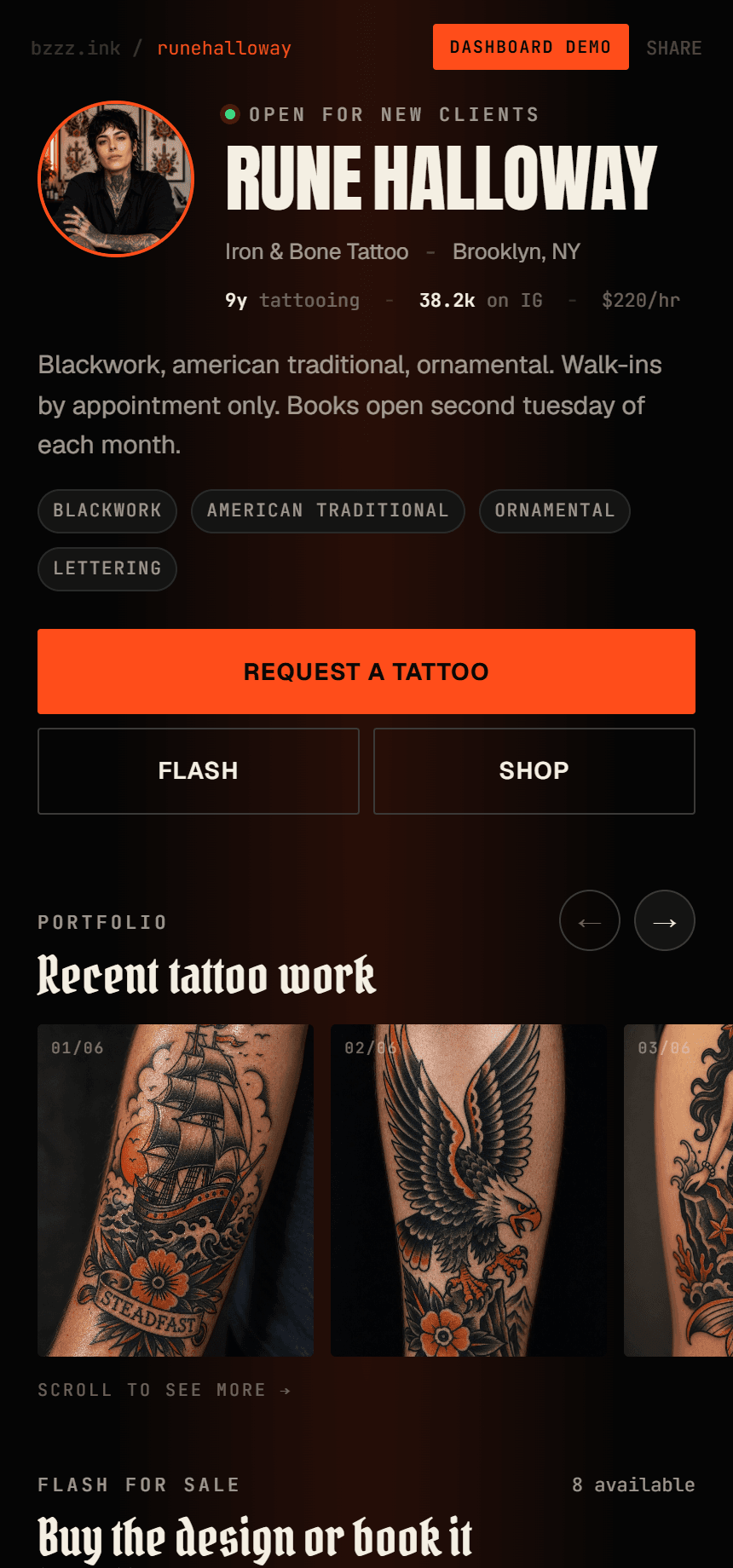 Real mobile screenshot of the current Bzzz.ink demo artist page showing the tattoo artist profile, request button, flash, shop, and portfolio sections.