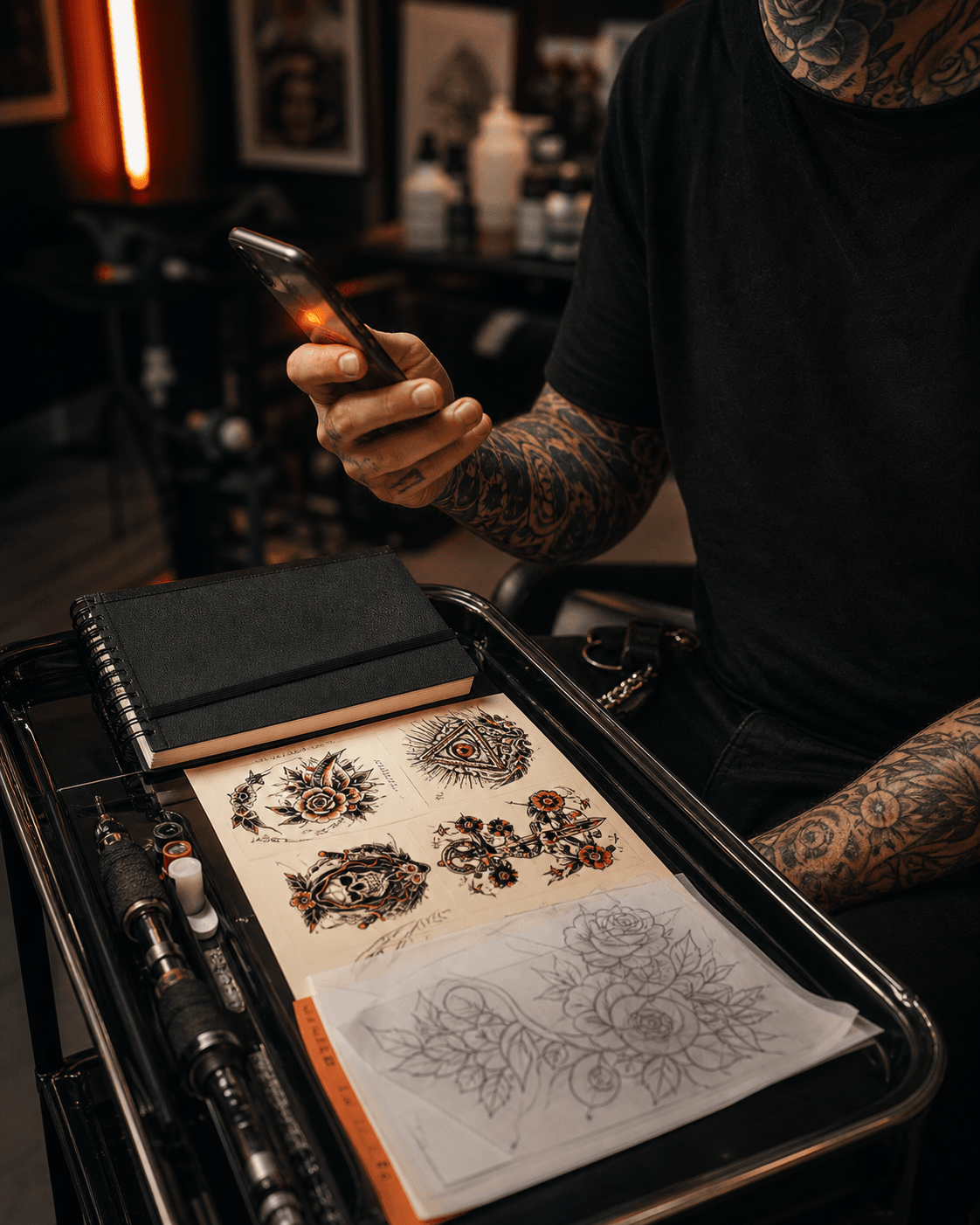 Tattoo artist checking a phone between appointments beside flash sheets, stencil paper, and tattoo tools.