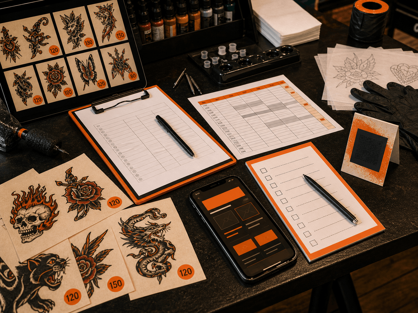 Tattoo flash day planning table with flash sheets, price stickers, checklist, schedule, QR card, and phone mockup.