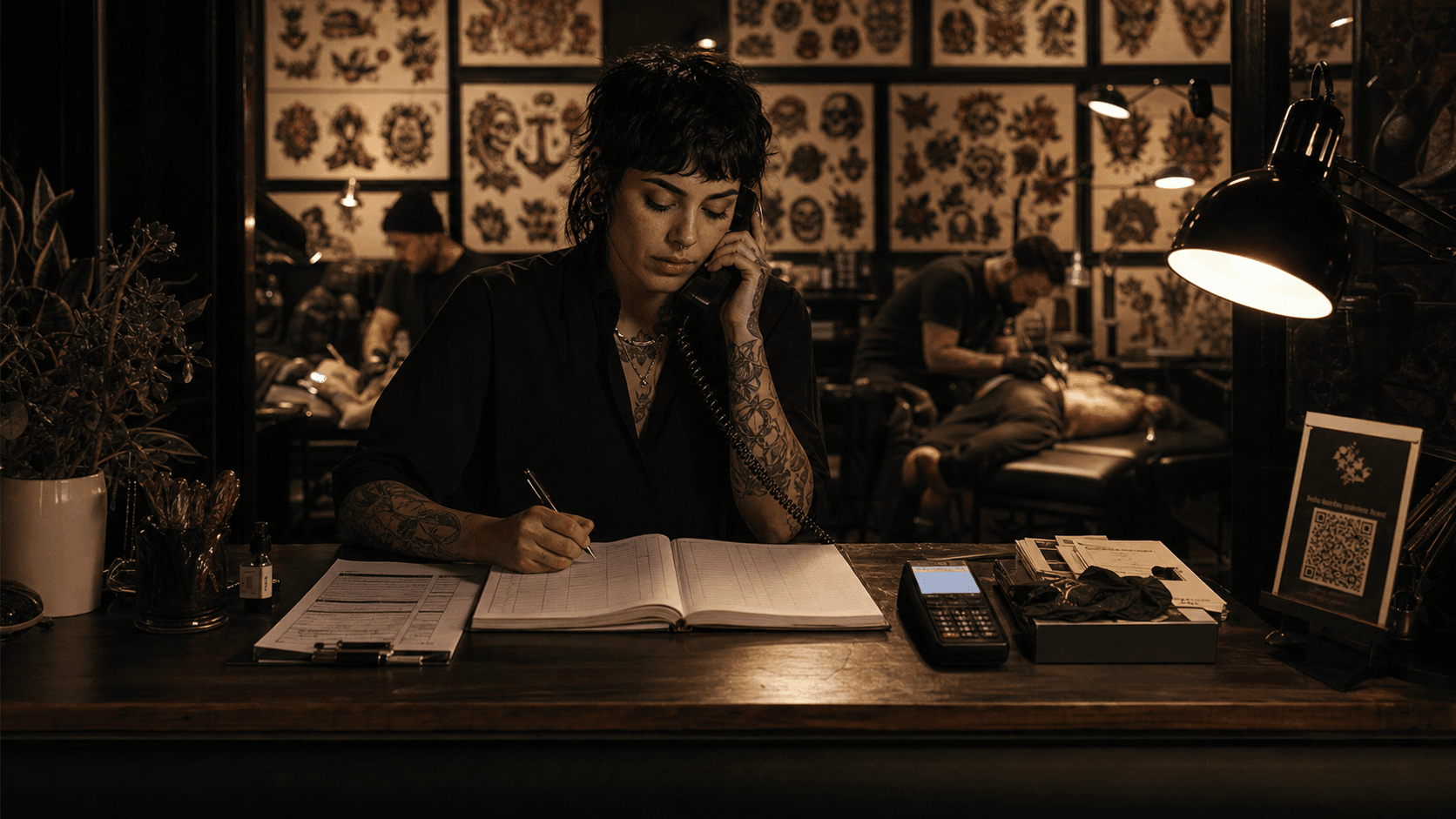Overhead tattoo shop front desk workflow with consent paperwork, deposit notes, a card reader, phone, flash claim cards, and aftercare materials.