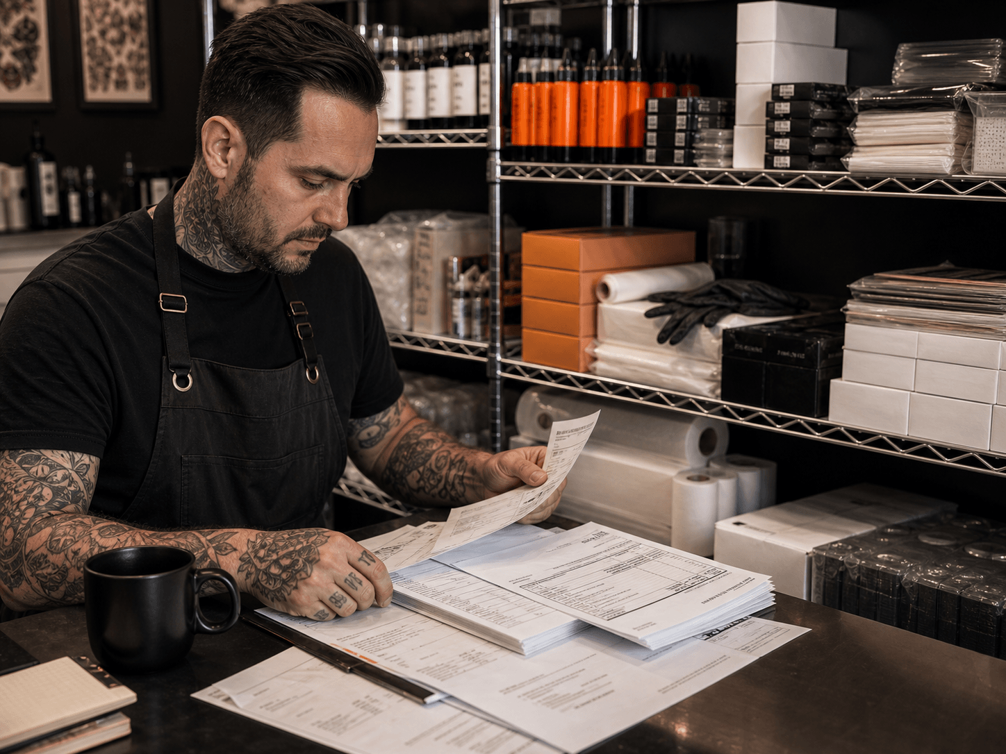 Studio supply shelf and invoice review setup showing tattoo materials, shipping boxes, calculator, and notebook for tracking tattoo supply costs.