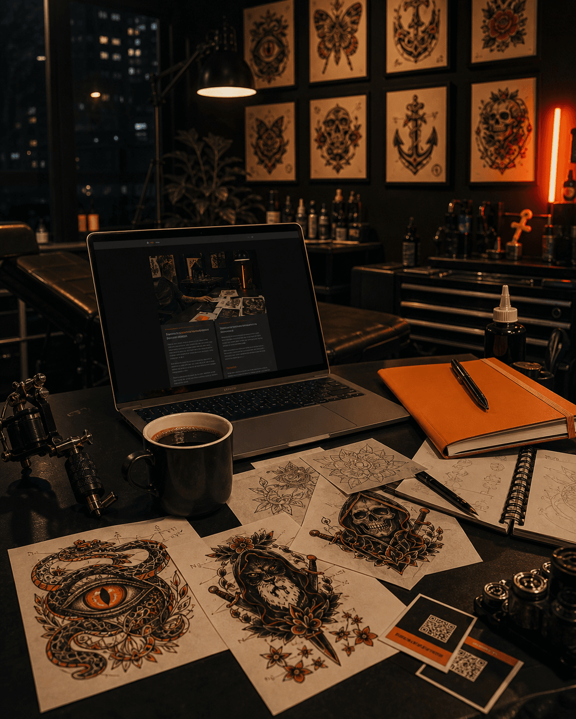 Tattoo studio workbench with laptop, flash sheets, coffee, and orange notebook for the Bzzz.ink welcome note.