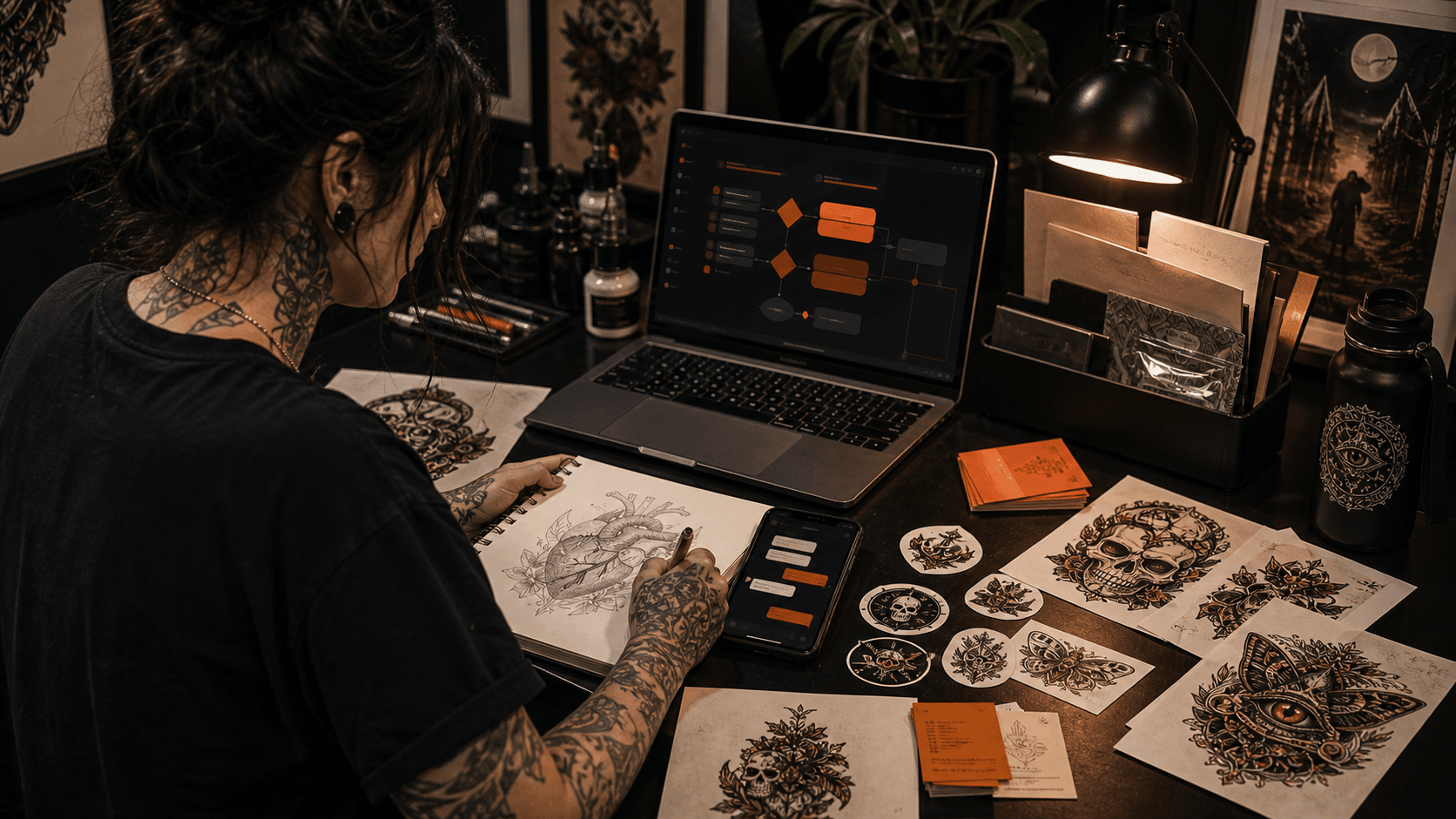 Tattoo artist worktable with flash sheets, phone, laptop, stickers, and product planning materials.